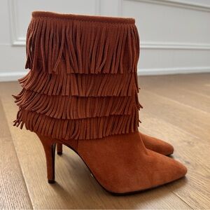 Schutz Kassia Brown Suede Fringe Ankle Boots Heeled Western Boho Boots - Size 40